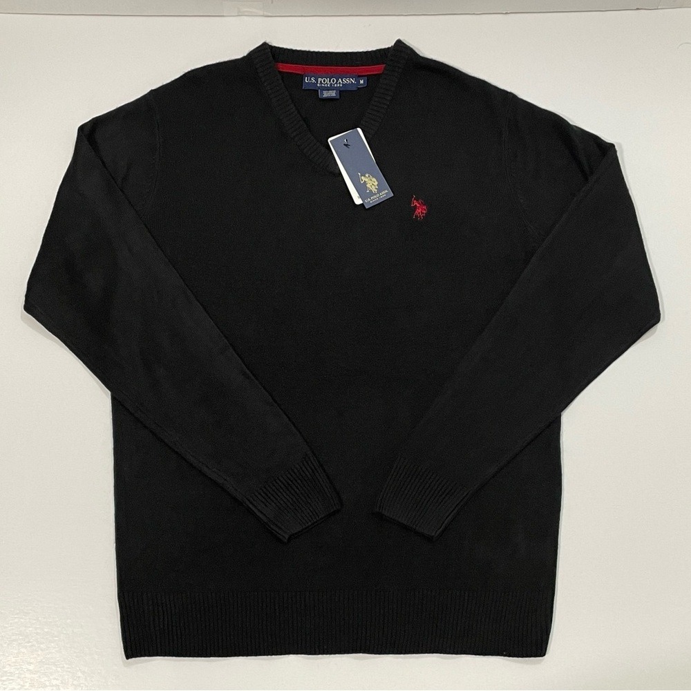 US Polo Assn Mens V-Neck Sweater Black Red Pony Logo Knit Pullover Size M NEW